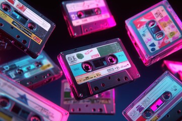 Colorful retro audio cassette tapes in vibrant neon lighting on dark background

