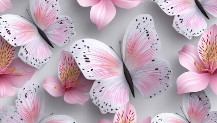 Delicate pink butterflies and flowers on a light gray background