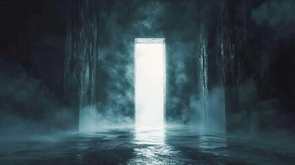 open door floating in a black void light bursting through symbolic opportunity concept cinematic tones ultra clean