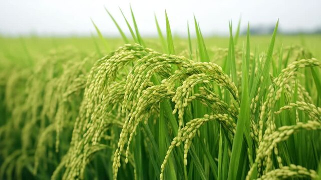 Green rice field close up showing ripening grain bending under weight in natural agricultural crop plant growth with vibrant green color and fresh field beauty