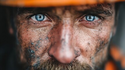 Obraz premium Close-up of a man's face, with blue eyes and dirt smudged on his face. Ideal for illustrating hard work, determination, and blue-collar jobs.