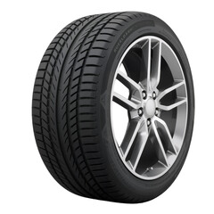 Fototapeta premium A sleek car tire with a silver alloy rim stands against a white background. Its detailed design reflects durability, performance, and modern automotive excellence