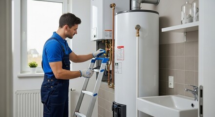 Professional Plumber in Blue Uniform and Gloves Inspecting and Servicing a Residential Hot Water Heater and Boiler System in a Modern Utility Room