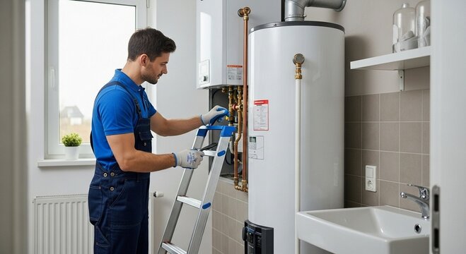 Professional Plumber in Blue Uniform and Gloves Inspecting and Servicing a Residential Hot Water Heater and Boiler System in a Modern Utility Room
