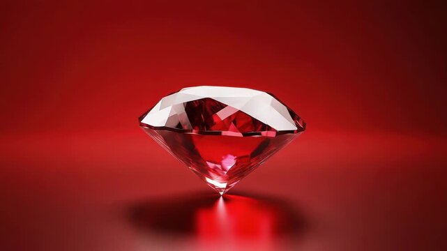 Shiny clear diamond gemstone with multiple facets reflecting light smooth red surface creating luxurious elegant atmosphere and red gemstone with brilliant cut reflecting light red background
