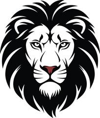 A striking and majestic lion's face with a bold mane and intense gaze, a powerful black and white vector illustration for a brand logo, team mascot, or cool graphic design.