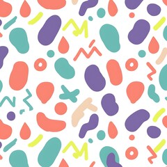 Playful Abstract Seamless Pattern with Colorful Organic and Geometric Shapes in Memphis Style
