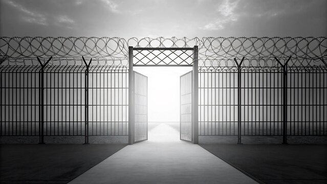 Open prison gate with barbed wire fence and bright light at the end of the path symbolizing new hopes, in black and white