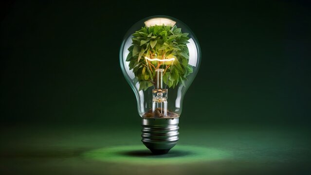 Inspiring idea of sustainability and growth, a vibrant green sapling flourishes inside a glowing light bulb, symbolizing eco-friendly innovation and renewable energy solutions.