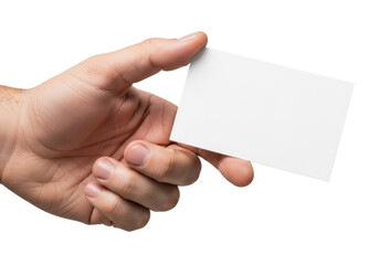 Adult caucasian male hand with clean fingernails gently holding a pristine, blank, rectangular white card, angled subtly forward, against a transparent background with ample copy space for business