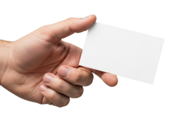 Adult caucasian male hand with clean fingernails gently holding a pristine, blank, rectangular white card, angled subtly forward, against a transparent background with ample copy space for business