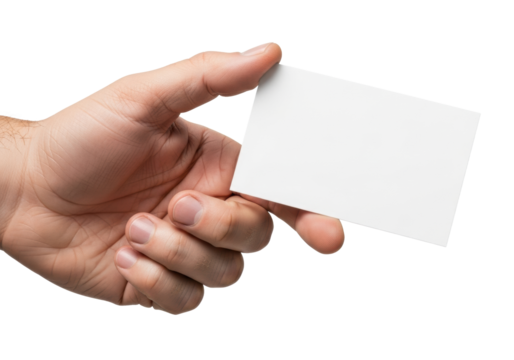 Adult caucasian male hand with clean fingernails gently holding a pristine, blank, rectangular white card, angled subtly forward, against a transparent background with ample copy space for business