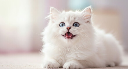 Playful white kitten with wide-open eyes and mouth.