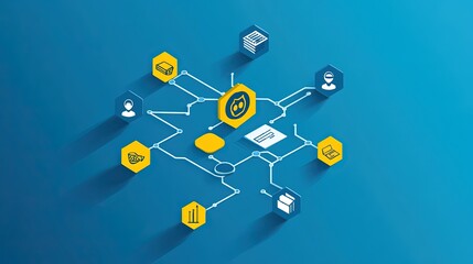 Abstract network of interconnected hexagonal and geometric shapes with various technology and business icons on a blue background