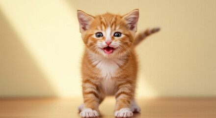 Adorable ginger kitten standing on a light brown surface.