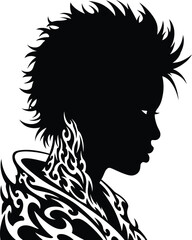 A striking and stylized silhouette of a woman's profile with a spiky haircut and bold tribal tattoo patterns, a black and white vector illustration perfect for beauty, tattoo design, or fashion.