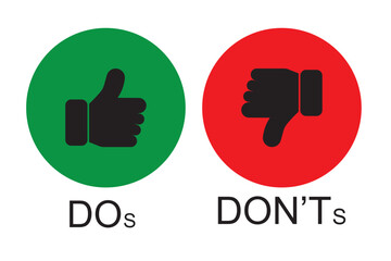 do dont icon. good true dos and bad false donts. like unlike error. green red circles on white backgrounds. okay fail sign. ok negative incorrect correct. social accept. approved positive