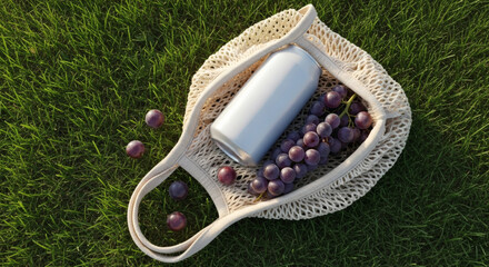 Picnic Scene: Refreshing Drink and Grapes in a Mesh Bag on Green Grass, Summer Picnic with Healthy Snacks and a Drink on Green Grass