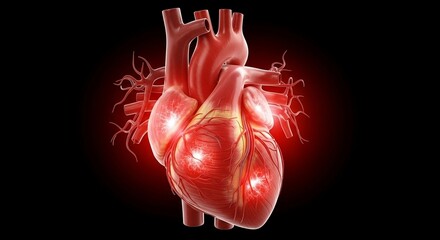 3D Render of Human Heart Anatomy with Glowing Highlighted Areas on Dark Background, Medical and Healthcare Concept