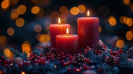 Red candle glowing warmly with pine cone and red berry decoration surrounded by evergreen branches creating cozy festive holiday atmosphere with soft glowing light winter celebration ambiance - Powered by Adobe