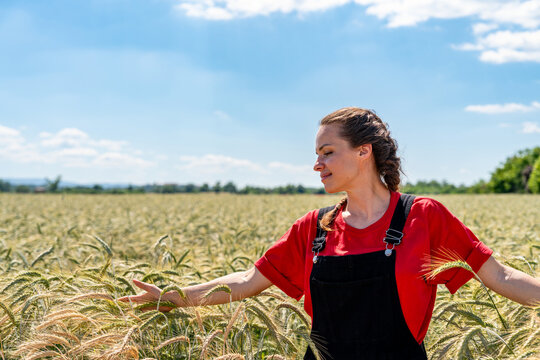 Female farmer walking among green crops during growing season