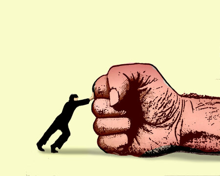 Silhouette pushing against a large fist illustration