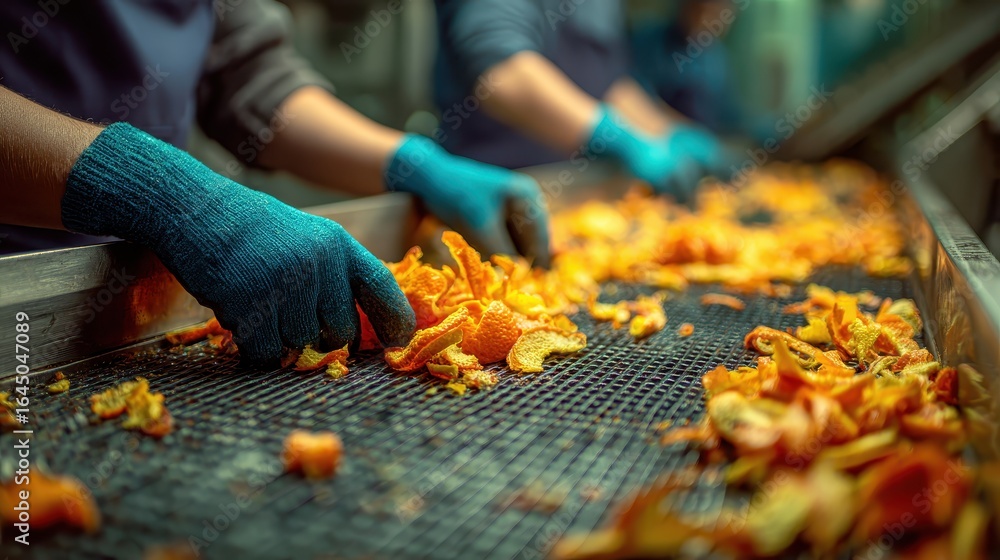 Poster workers sorting orange peels on a conveyor belt in a processing factory. shows citrus waste manageme