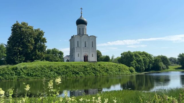 Vladimir region, Bogolyubovo, July 4, 2025 Church of the Intercession on the Nerl. High quality 4k footage