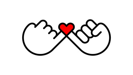 Pinky swear line icon with a heart. Pinky friendship promise. Hands gesture. Reconciliation idea. Unbreakable pledge bond. Deep trust, love or commitment. Emotional connection. Vector illustration. 
