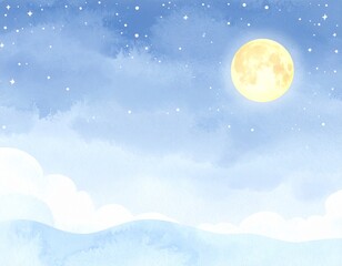 Fototapeta premium Fantasy Moonlit Night Landscape in Soft Colors, Watercolor Style Illustration Design