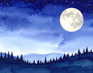 Naklejka premium Fantasy Moonlit Night Landscape, Watercolor Style Illustration Design