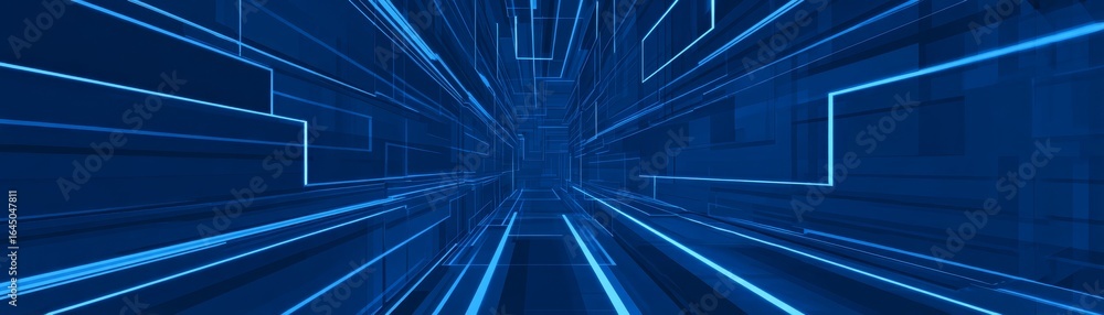 Poster a visually captivating journey through an abstract futuristic blue tunnel where radiant light streak