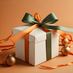 Festive Holiday Gift: White Box, Emerald Ribbon, and Decor