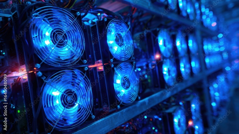 Aufkleber a row of high-performance computer cooling fans illuminated with vibrant blue led lights in a data c