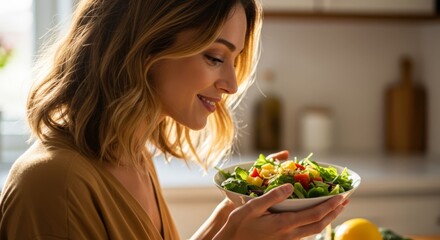 Woman Enjoying Healthy Salad in Kitchen