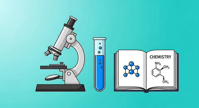 Illustration depicting science and chemistry laboratory equipment with a book