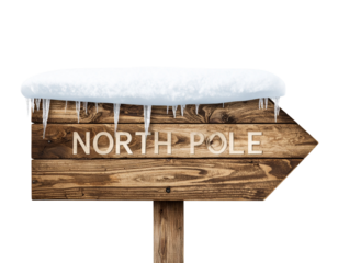 A - Rustic Wooden North Pole Sign with Frost and Icicles, Angled Side View, Isolated on Transparent Background.