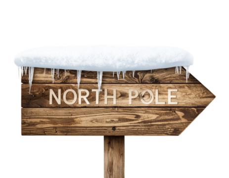 A - Rustic Wooden North Pole Sign with Frost and Icicles, Angled Side View, Isolated on Transparent Background.