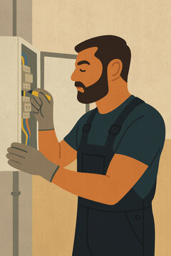 Illustration of an electrician at work indoors