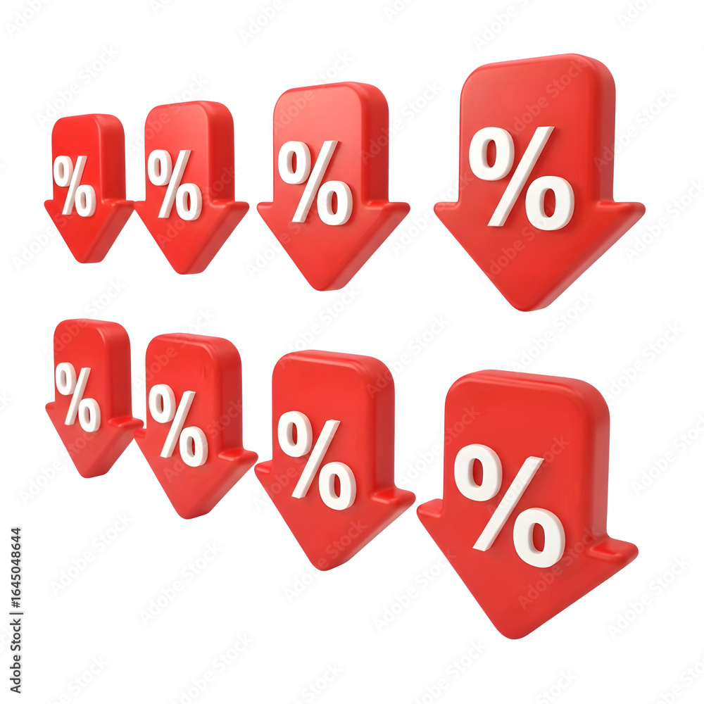 Poster red downward pointing arrows with percentage signs symbolizing discounts or price reductions isolate