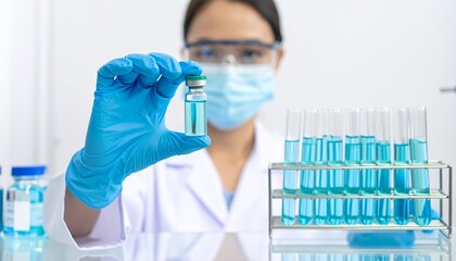 A female scientist in a laboratory conducts a chemical analysis with test tubes and a solution