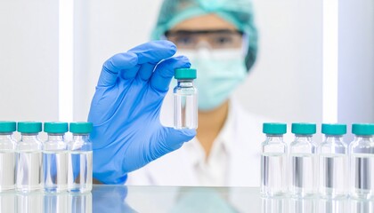 A female scientist in a laboratory conducts a chemical analysis with test tubes and a solution