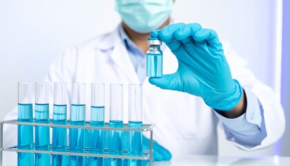 A female scientist in a laboratory conducts a chemical analysis with test tubes and a solution