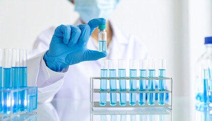 A female scientist in a laboratory conducts a chemical analysis with test tubes and a solution