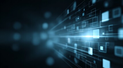 Dynamic abstract technology background featuring a mesmerizing grid of luminous glowing squares a futuristic digital data visualization concept representing cybernetic information and data flow.