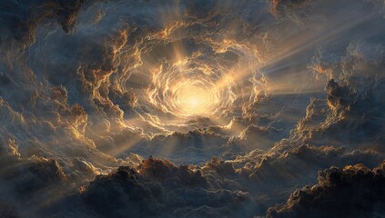 Golden light bursts from a swirling vortex of dark and luminous clouds, creating a celestial, ethereal scene