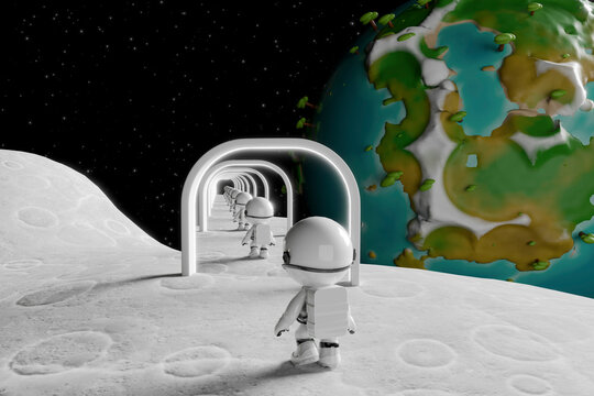 3d cartoon astronauts exploring a planet with portals in outer space