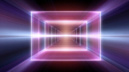 An ethereal journey down a seemingly endless long futuristic corridor illuminated by vibrant light streaks and a brilliant blinding light at the very end.