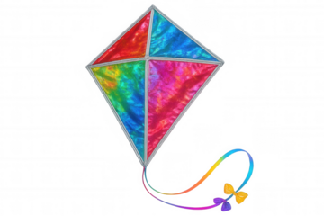 Colorful kite flying high, sailing effortlessly against clear sky, symbolizing freedom and summer enjoyment