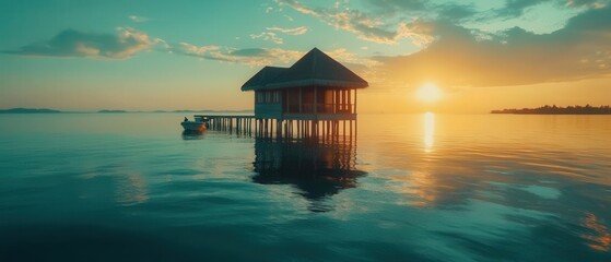 Overwater bungalows in the Maldives sunrise reflections on glassy water
